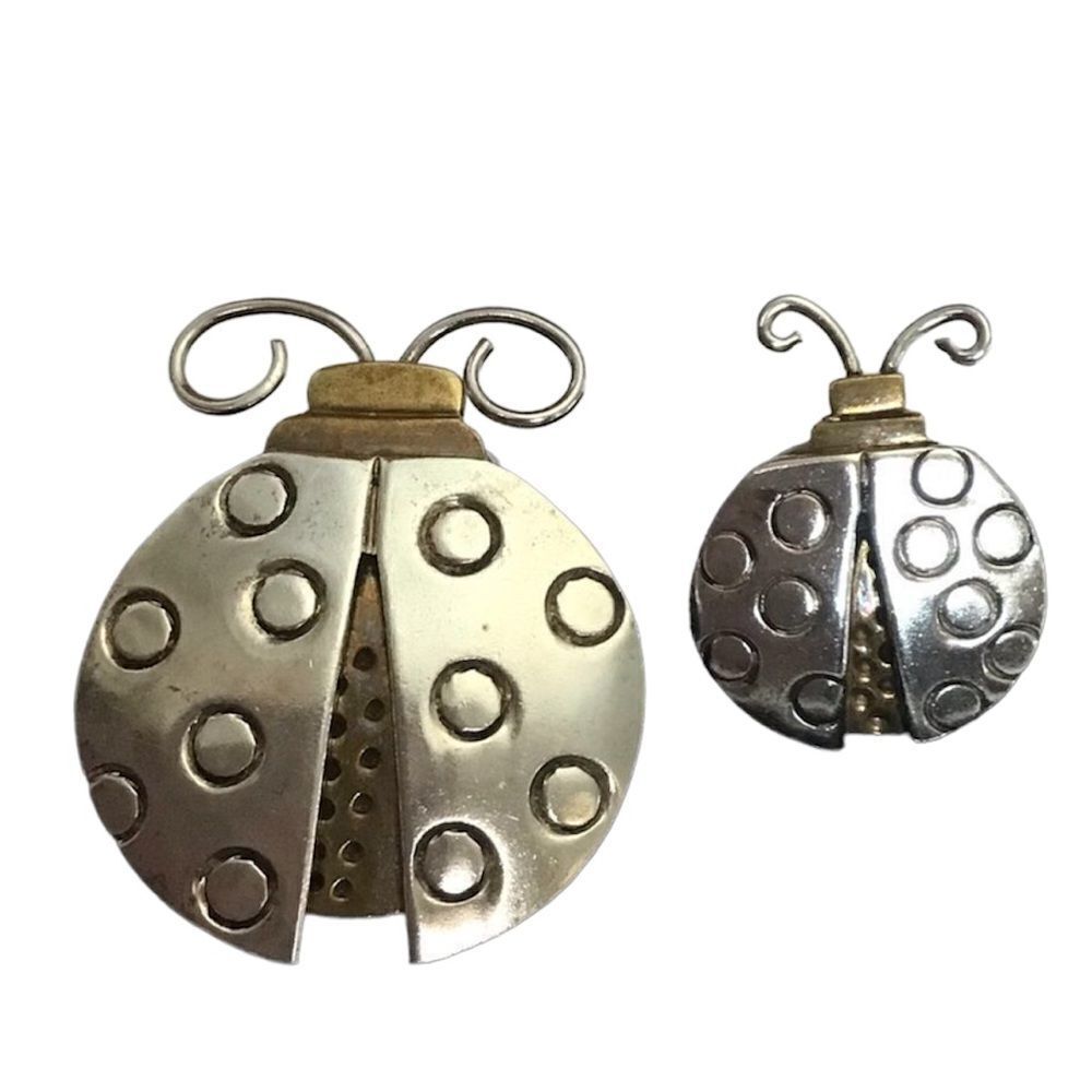 FAR FETCHED Vintage Metal 2 Piece Lady Bug Silver/Brass Brooch Set